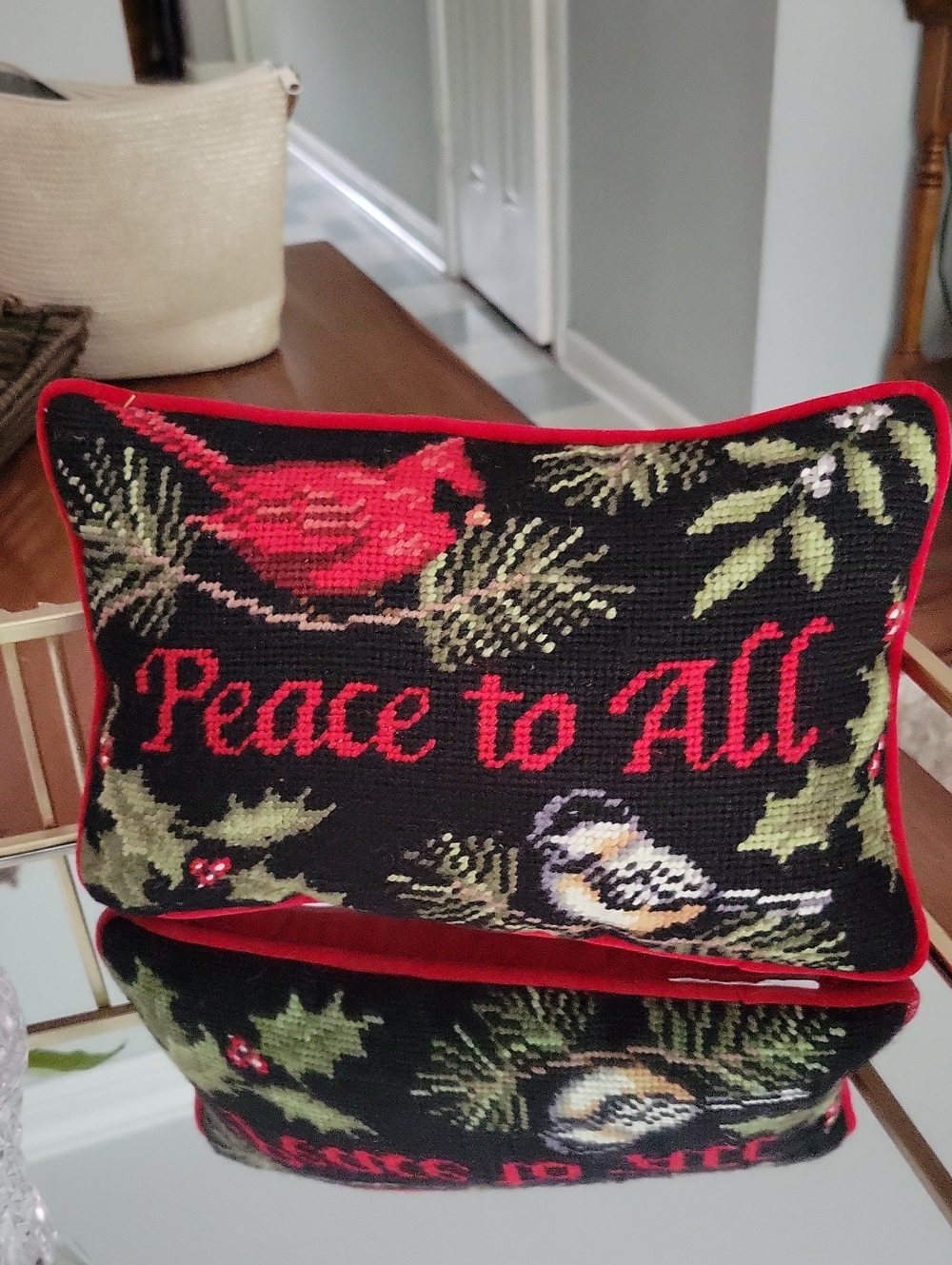 Peace to All Holiday Needlepoint Pillow - Red and Black